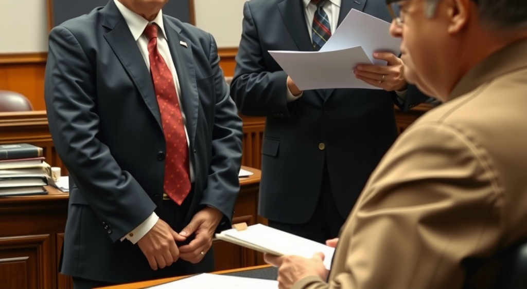 A courtroom scene with a defendant attentively listening to a judge. A defense attorney stands beside him, presenting documents to the court.