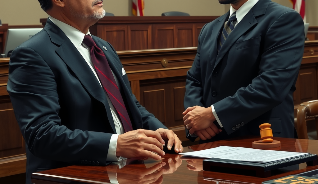 A courtroom scene showing a calm, professional defense attorney consulting with a client
