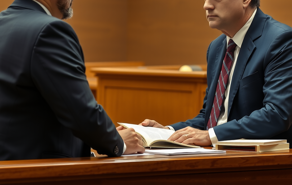 A serious courtroom scene showing a criminal defense attorney in a suit consulting with a client in a domestic violence case.