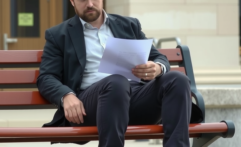 A man sits alone on a bench outside a courthouse, holding legal papers.