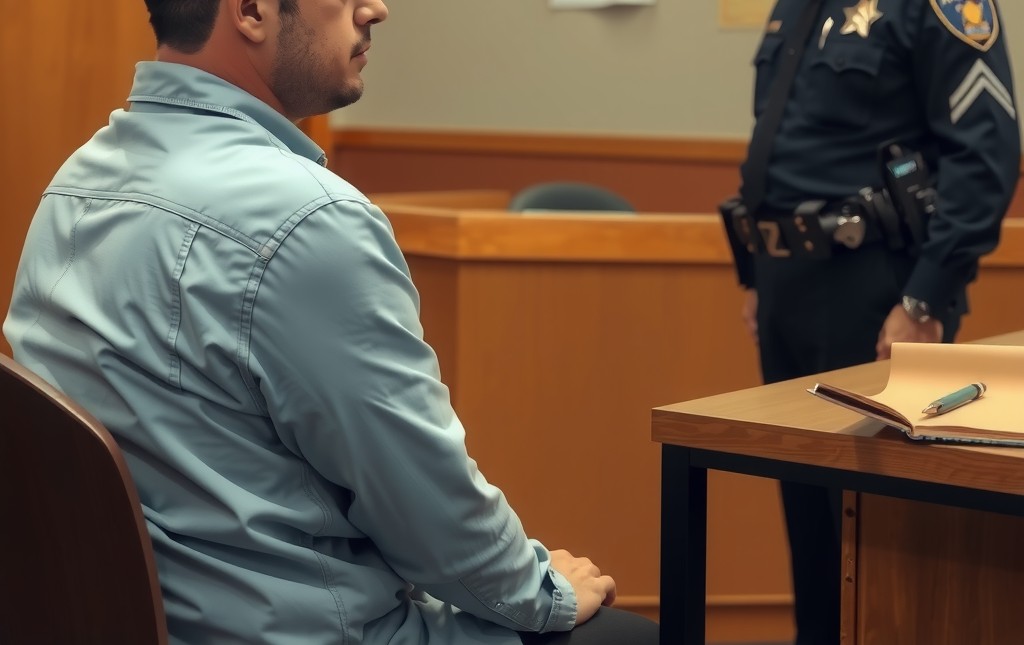 A police station scene showing a person sitting across from a police officer in an interrogation room.