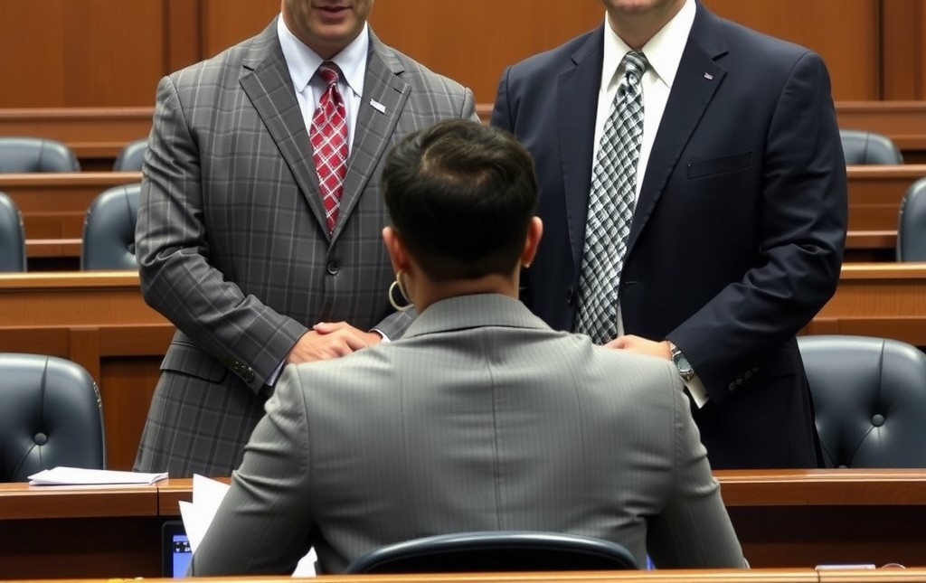 A courtroom scene showing a confident criminal defense attorney standing beside their client at the defense table, facing the judge.