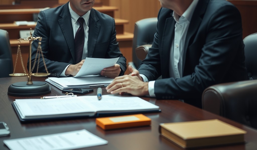 A serious courtroom scene with a defense attorney consulting with a client