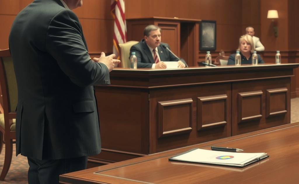 A courtroom scene set in Colorado, with a judge, attorneys, and jury present