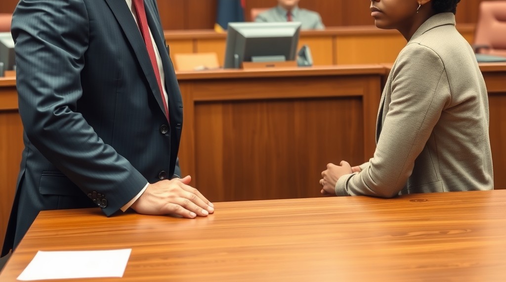 A courtroom scene in Colorado with a confident criminal defense attorney and their client
