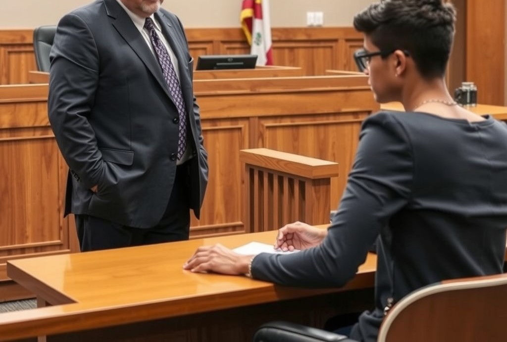 A professional defense attorney questioning a client in a courtroom