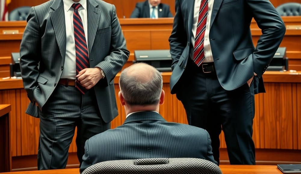 A courtroom scene in Colorado with two confident criminal defense attorneys standing side-by-side