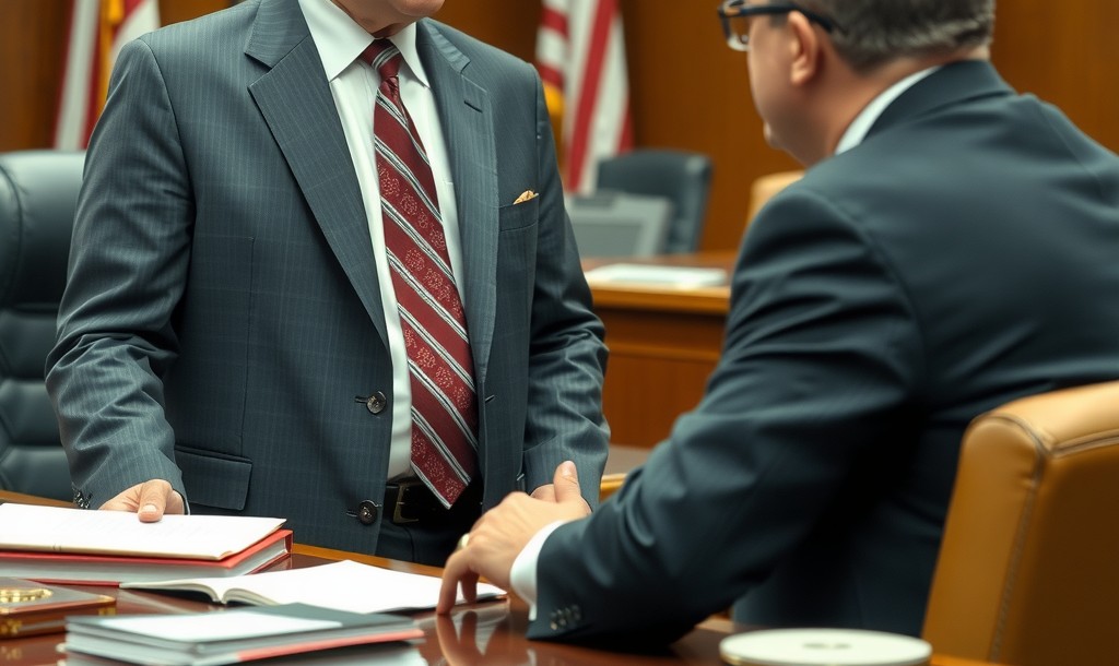 A courtroom scene in Colorado, featuring a serious-looking defense attorney consulting with their client.