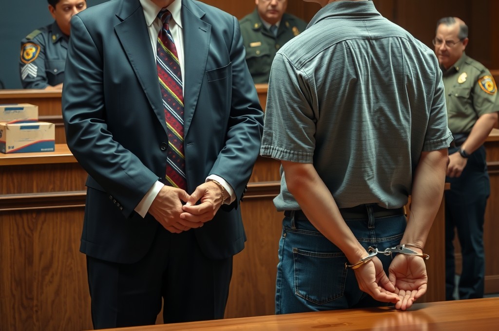 Courtroom scene: a defense attorney stands beside a nervous client in handcuffs. In the background, evidence boxes and uniformed DEA agents are visible.