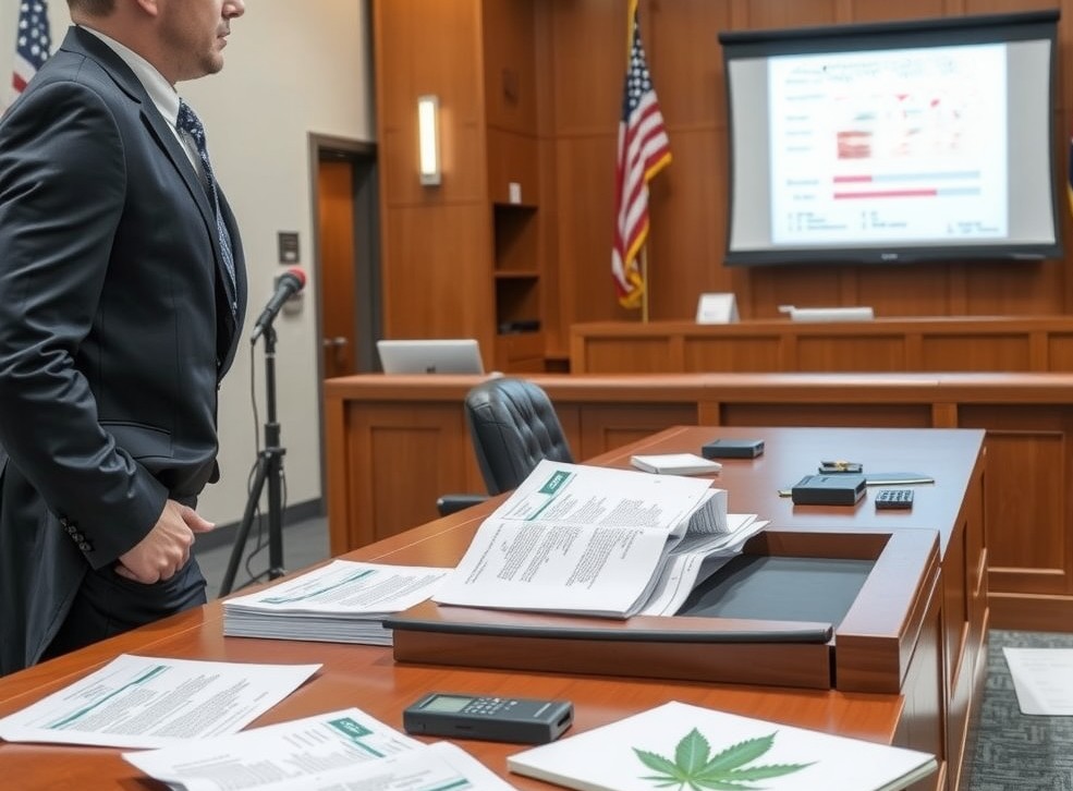 A courtroom scene in Colorado featuring a confident defense attorney presenting their case