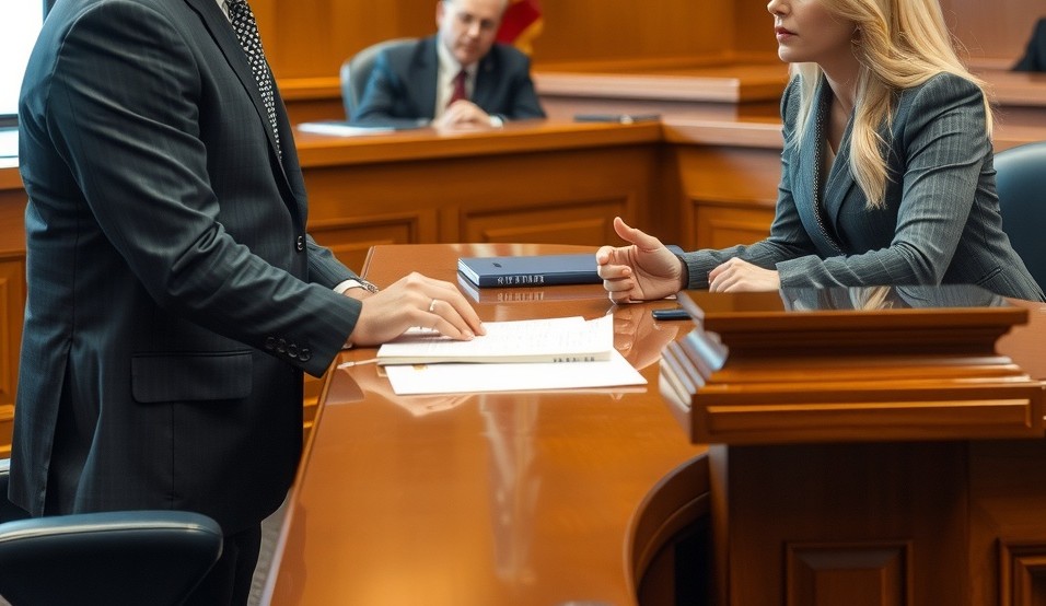 a courtroom scene in Colorado featuring a professional male and female defense attorney consulting