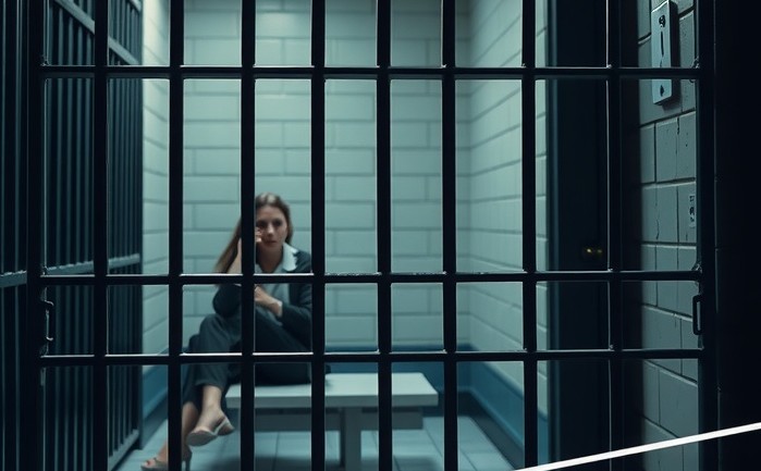 A dimly lit jail cell, showing a person sitting on a hard bench looking anxious and uncertain.