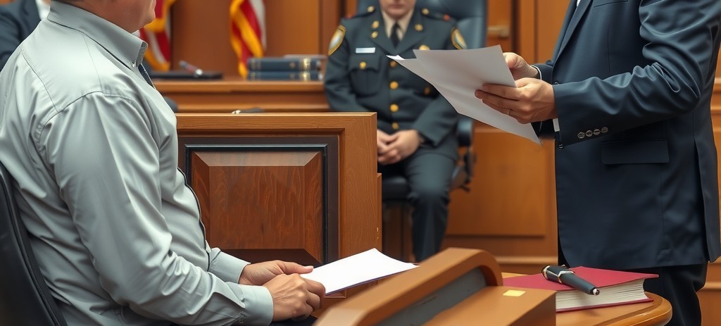 A driver standing before a judge, with a traffic lawyer by their side. The lawyer is calmly presenting evidence like photographs and documents.