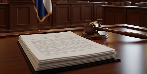 A Colorado courtroom scene with legal documents on a desk, a gavel, and the Colorado state flag in the background.