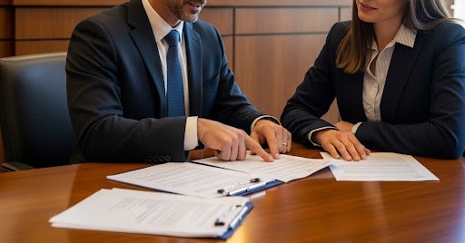 A courtroom scene in Colorado, with a defense attorney and client discussing legal documents.