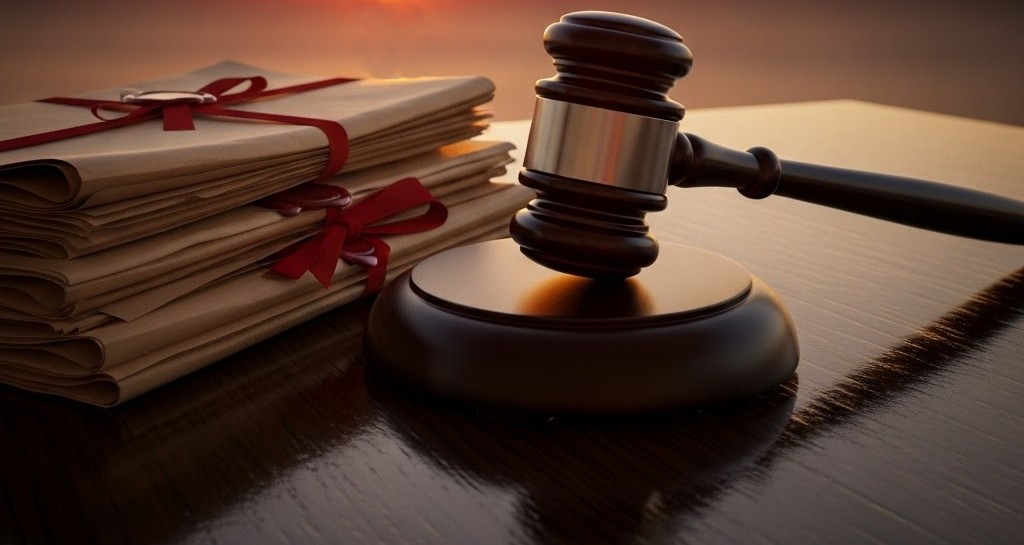 A symbolic gavel beside a set of sealed documents
