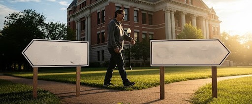 A person walks along a path, with a large courthouse in the background. The path splits, with two signs pointing in opposite directions