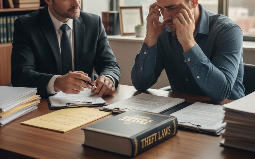 A lawyer consulting a worried client in an office, with legal documents and “Theft Laws” visible.