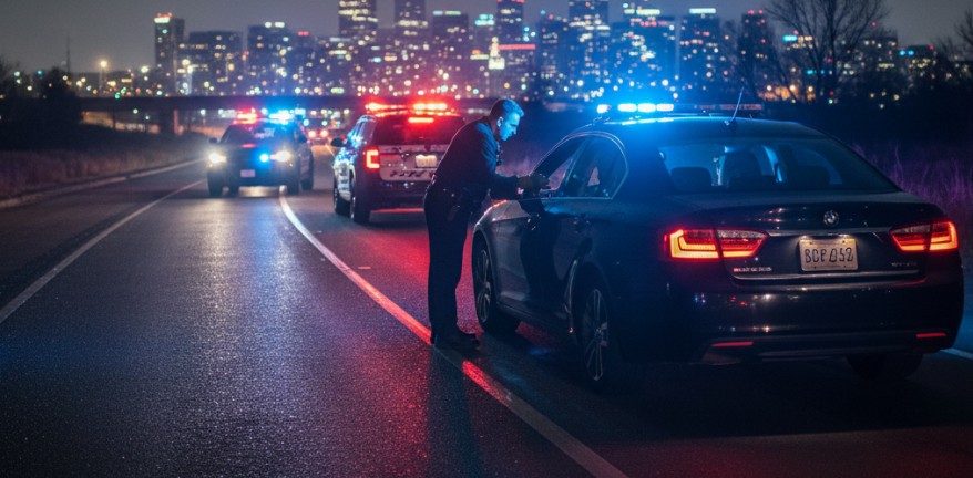 A car stopped by police at night with a caption about driving under suspension in Colorado