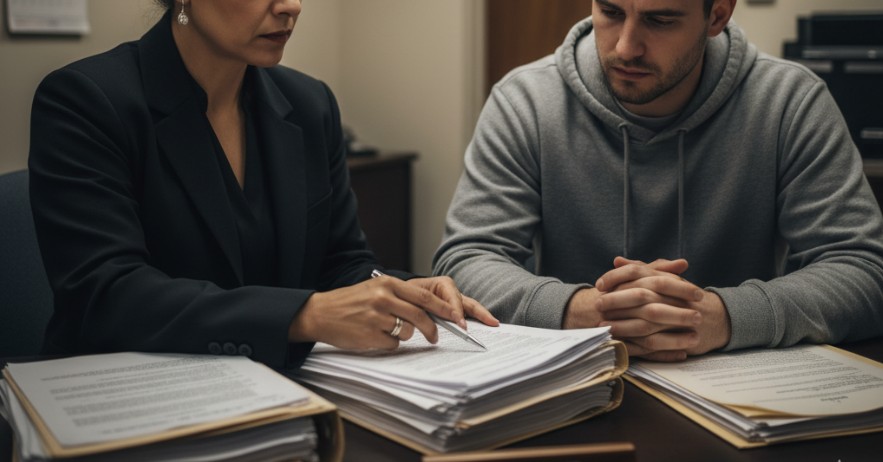 A lawyer from Wolf Law LLC guiding a client through legal paperwork in a calm office setting.