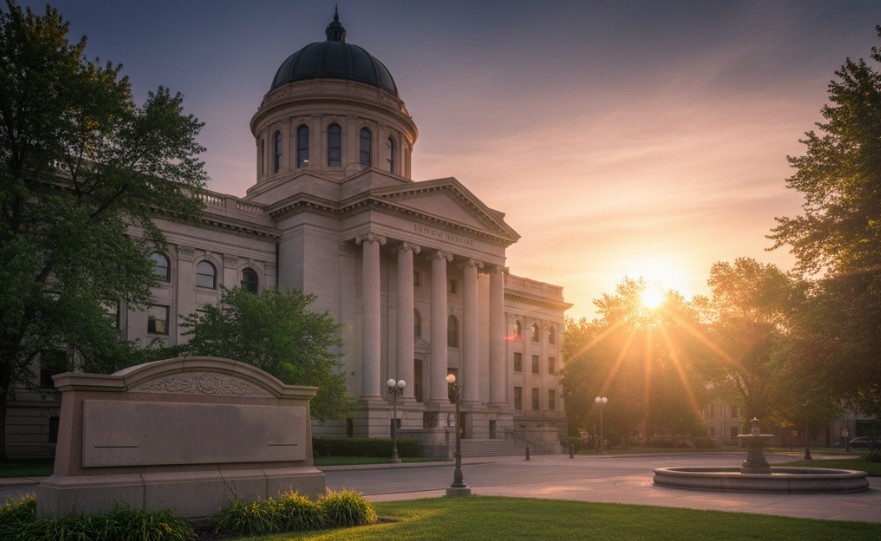 A Colorado courthouse exterior at sunrise, symbolizing hope and new beginnings after legal challenges.