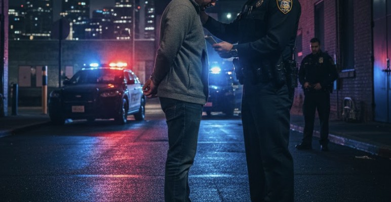 A police officer reading Miranda rights during a nighttime arrest in Denver.