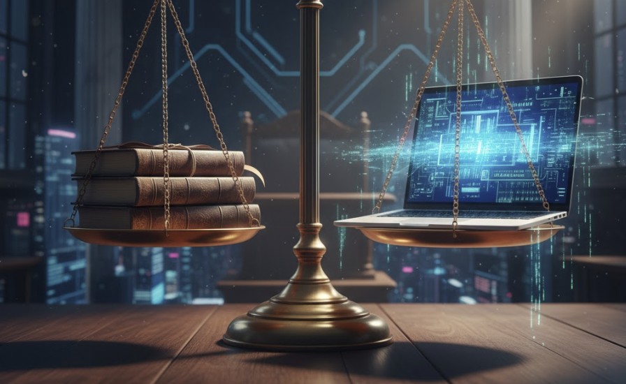 A symbolic image of justice scales balanced against a laptop glowing with binary code, representing digital law.