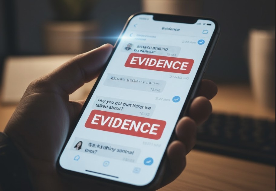 A close-up of a smartphone showing text messages labeled “Evidence,” symbolizing online proof.