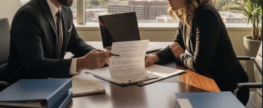 An attorney and client discussing legal papers in a modern law office