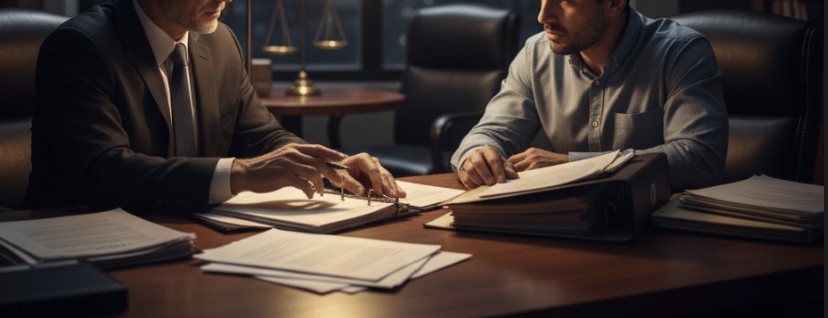 A lawyer and client talking privately in a dimly lit office, documents on the desk.