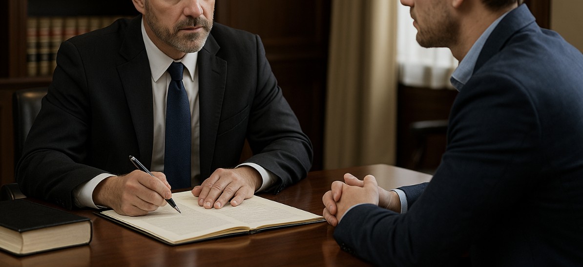 A criminal defense attorney and a client discussing legal papers in a modern law office