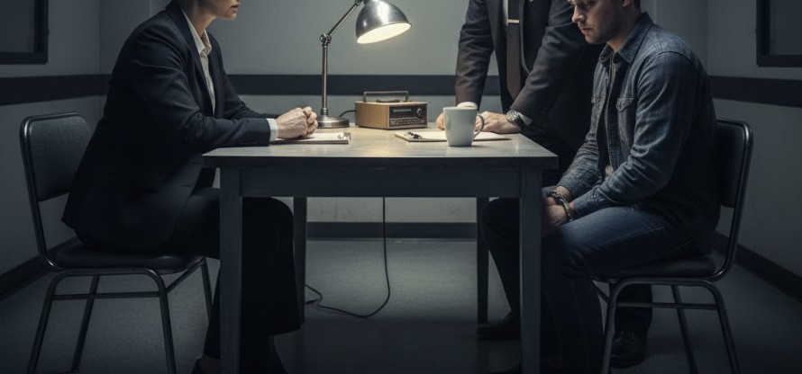A police interrogation room with dim lighting, two officers questioning a suspect.