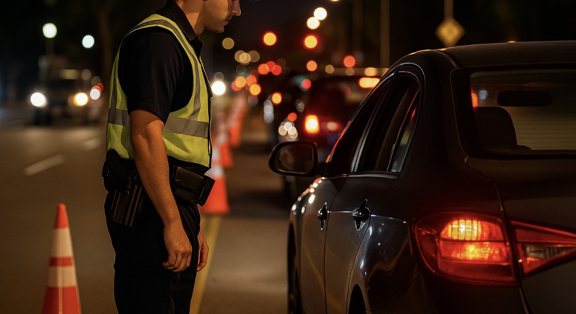 A police officer checking drivers for DUI.