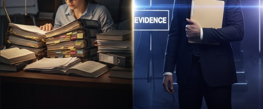 A defense attorney studying case files under soft lighting, symbolizing real preparation vs. TV drama.