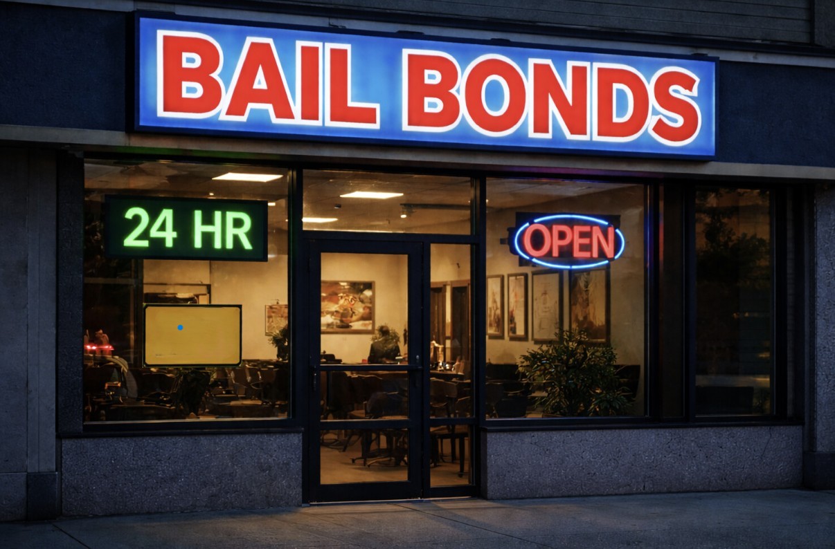 Exterior of a bail bonds office at night with illuminated signs reading “Bail Bonds,” “24 HR,” and “Open,” visible through large front windows.