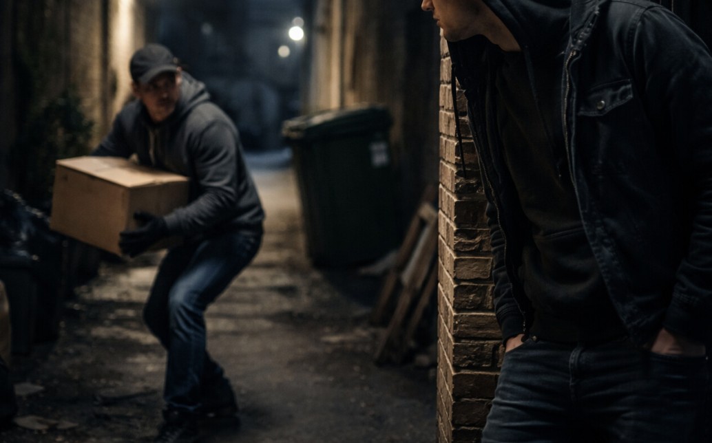 Two men in a dimly lit alley at night, one carrying a cardboard box while the other watches from behind a brick wall