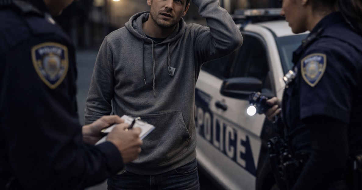 Man in a gray hoodie stands beside a police car at night, looking concerned while two police officers question him, one taking notes and the other holding a flashlight.