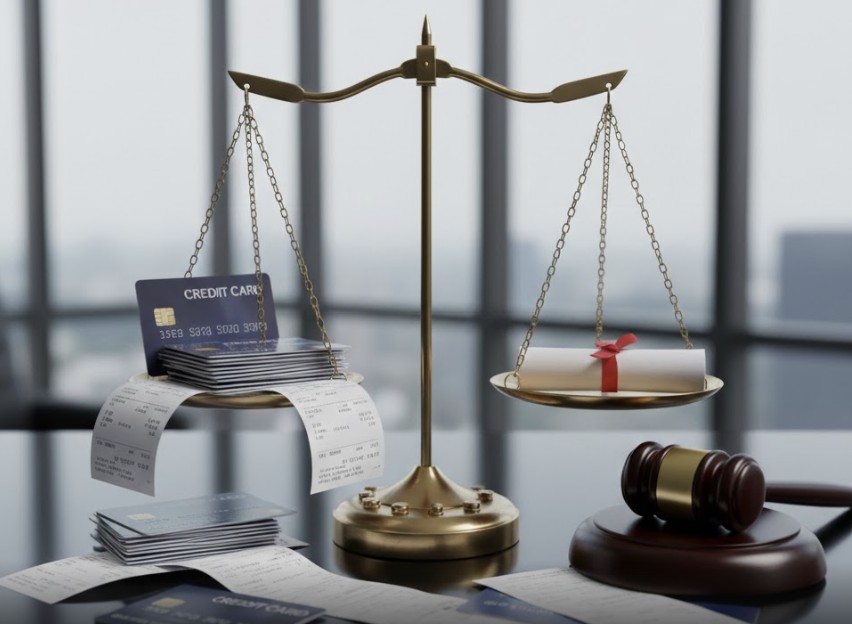 A symbolic image of justice and financial law, featuring scales of justice over credit cards and transaction receipts