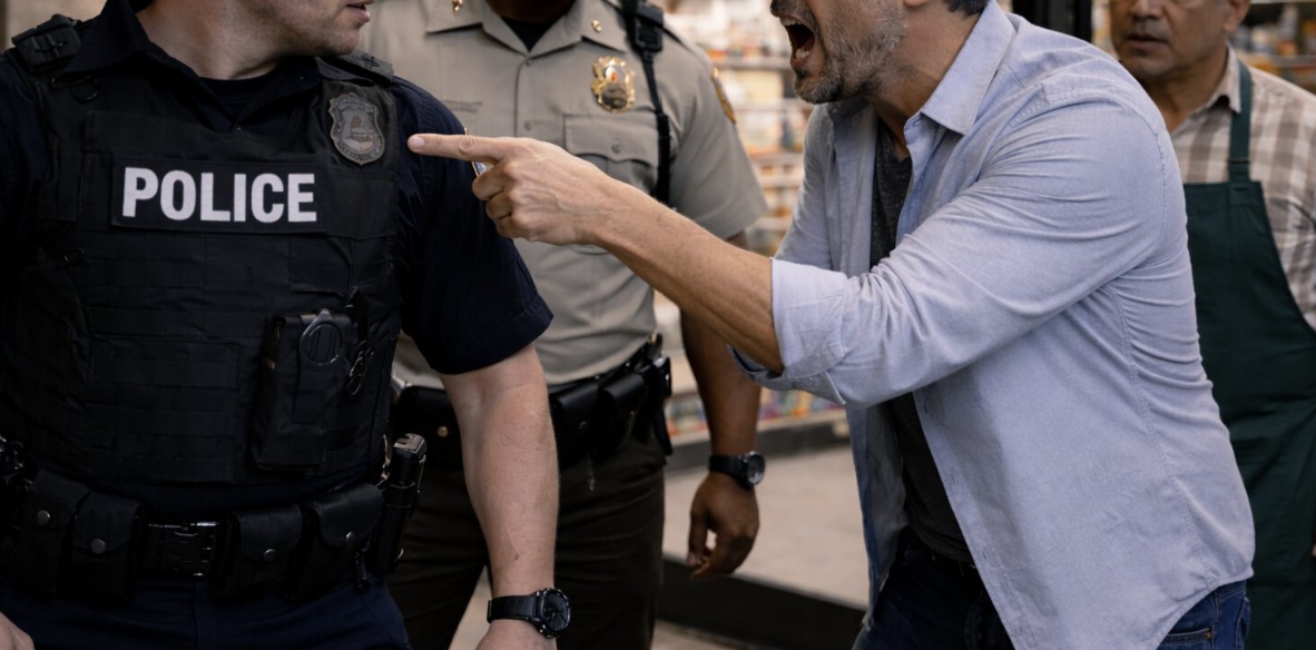 Angry man pointing and shouting at a police officer