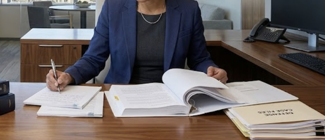 A professional criminal defense attorney reviewing legal documents in a modern Colorado law office