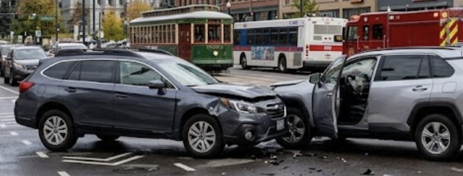 A downtown Denver intersection with two vehicles stopped after a collision