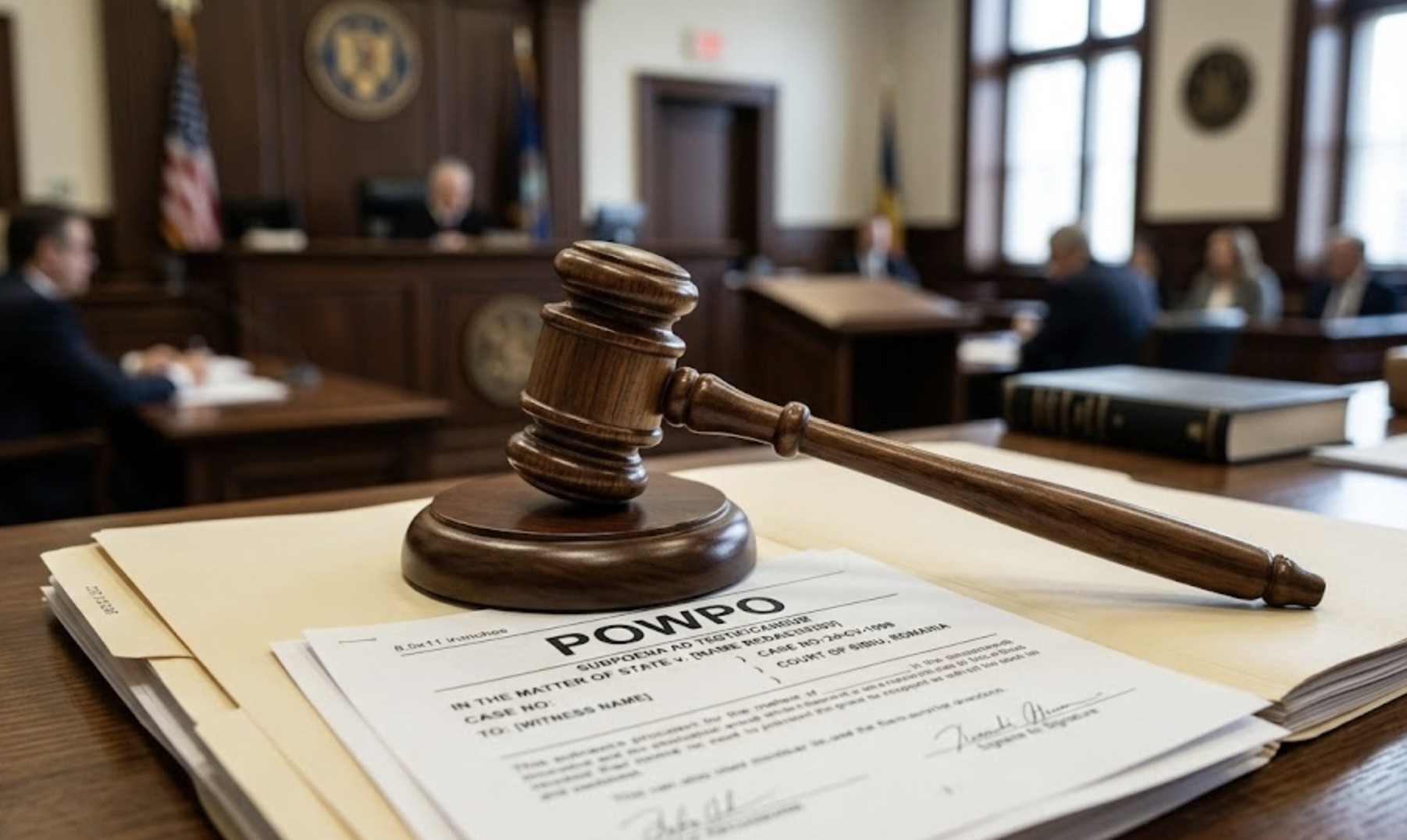 Close-up of a judge’s gavel resting on legal documents labeled “POWPO,” blurred courtroom background