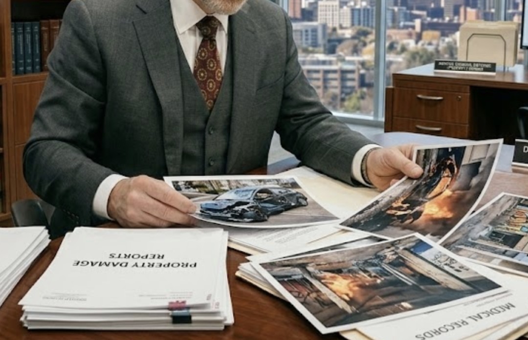 A criminal defense attorney reviewing property damage photos in a modern Denver law office